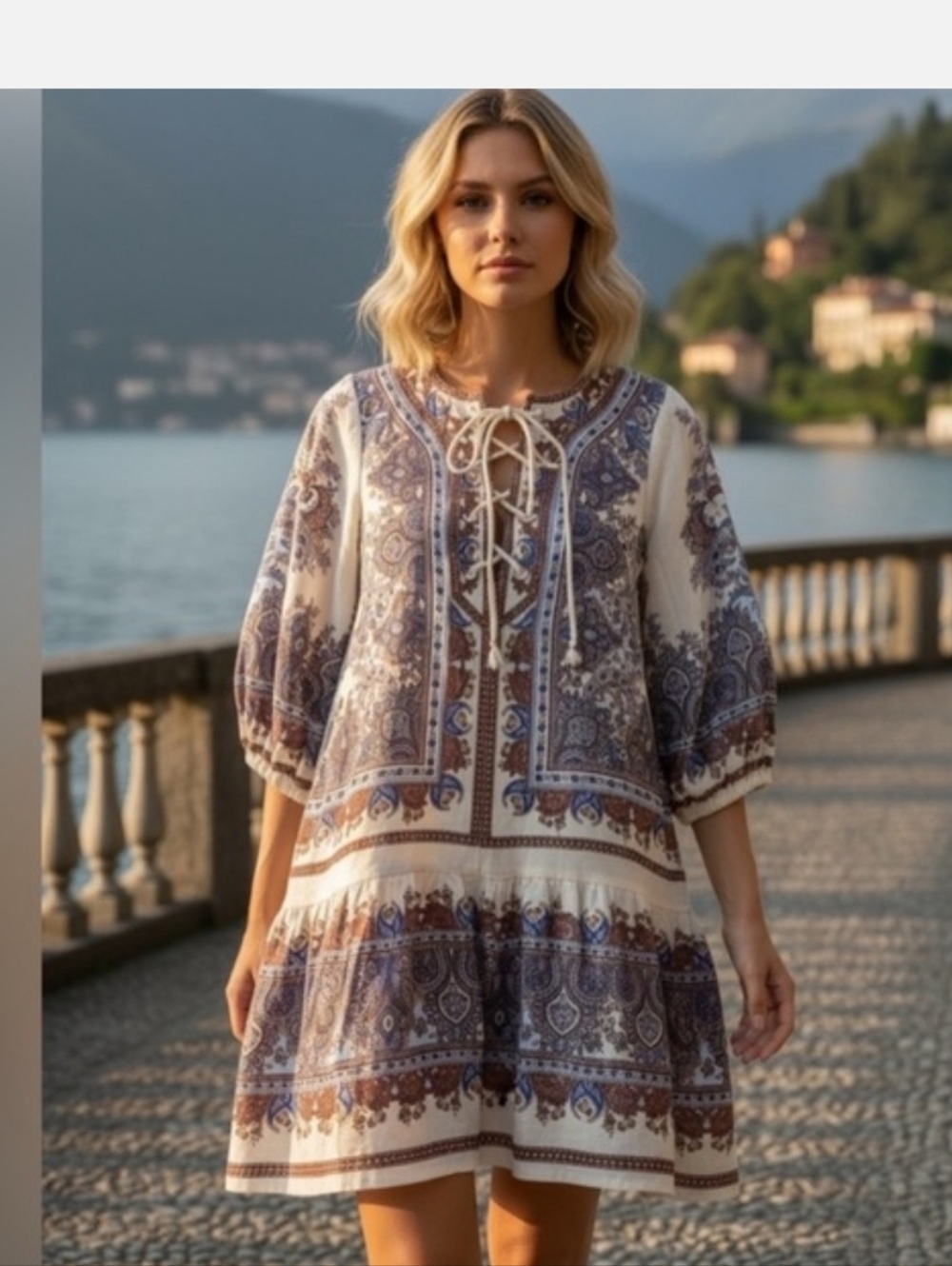 House of Harlow 1960 Paisley Lace Up Boho Dress